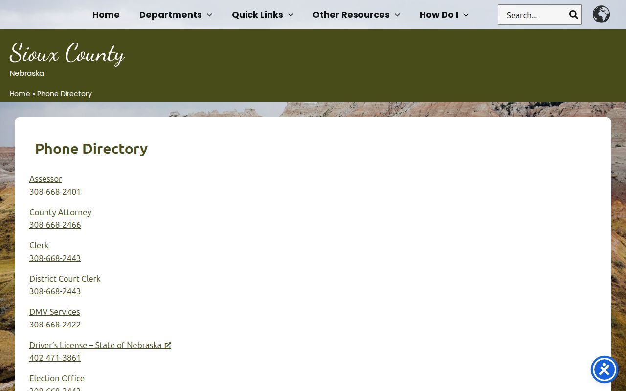 Sioux County phone directory for court and warrant records